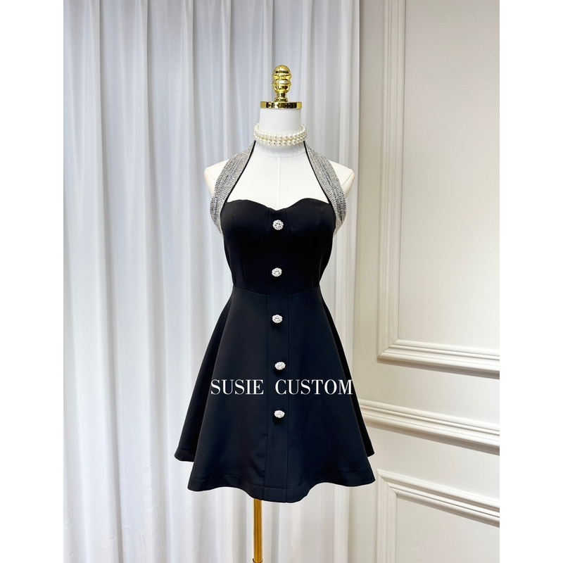 High-Definition Accessible Luxury Heavy-Duty Rhinestone Chain Beaded Halter Off-Shoulder Straps with Chest Pads and Waist A-Line Skirt Hem Little Black Dress