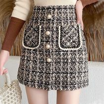 Fall Winter Plaid Tweed Skirt Womens Thick Woolen Pearl Butt