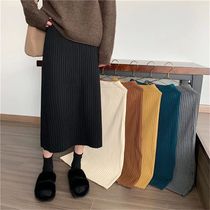 Vintage Women thick sweater skirt Elastic High Waist Pleated