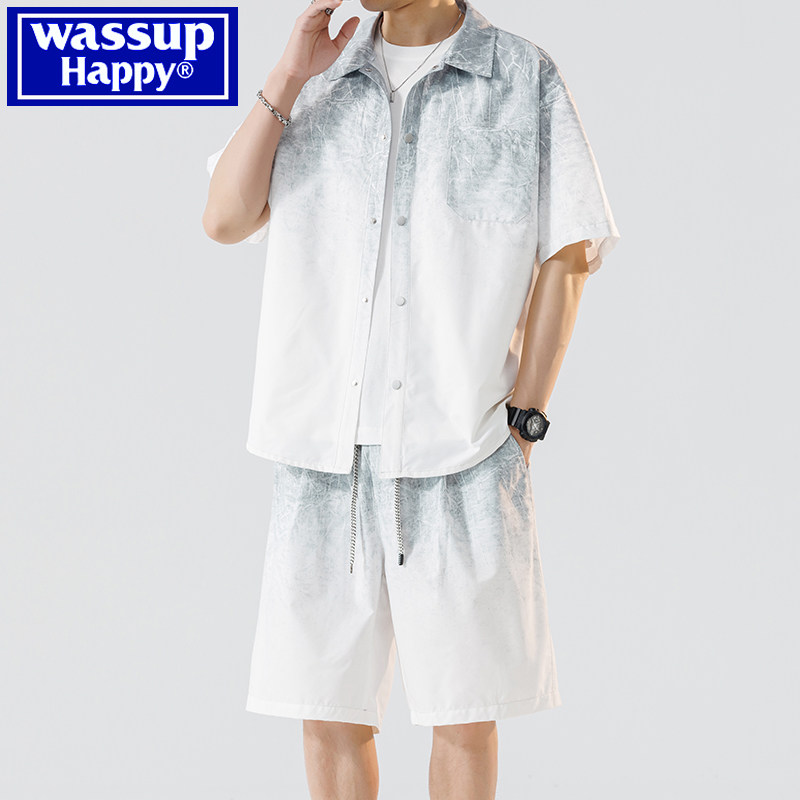 wassup happy冰丝衬衫套装男士短袖夏季薄款速干帅气休闲穿搭一套