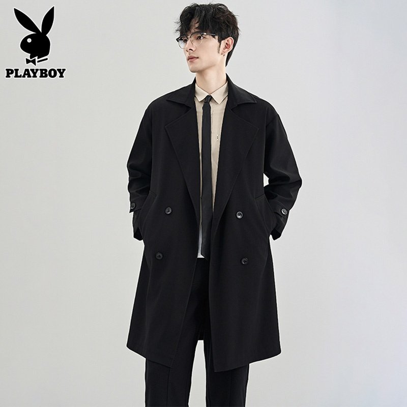 Черная ветровка Playboy, мужское пальто средней длины, весенне-осенняя новая высококачественная корейская повседневная куртка для мужчин