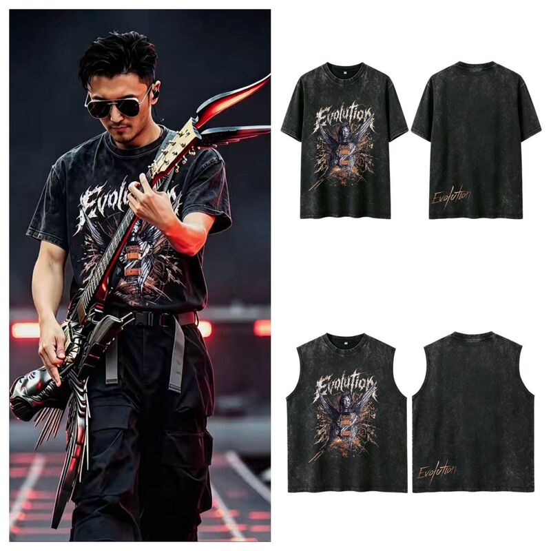 Nicholas Tse Evolution Taiyuan Concert Merchandise Same Style Flame Totem Angel Guitar Print Short Sleeve T-Shirt
