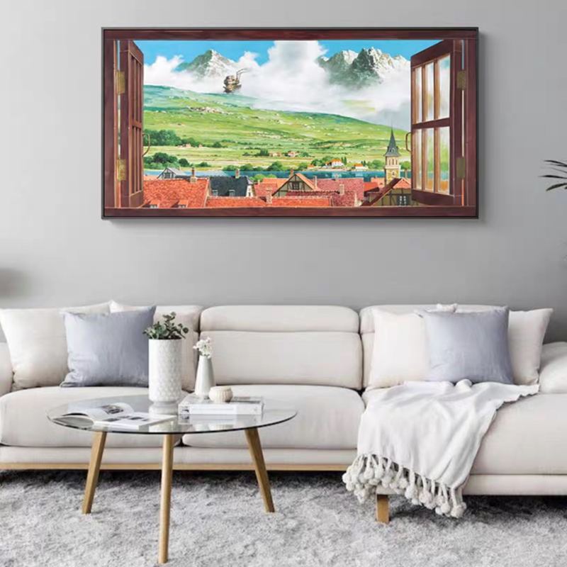 Hayao Miyazaki Decorative Painting Ghibli Howl's Moving Castle Fake Window Pastoral Healing Sofa Background Banner Wall Art