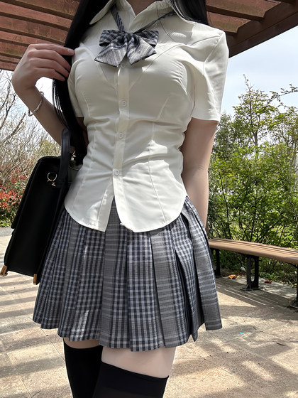 林间萌象学院JK制服小V收腰短袖衬衫原创修身白衬衣原创格裙套装