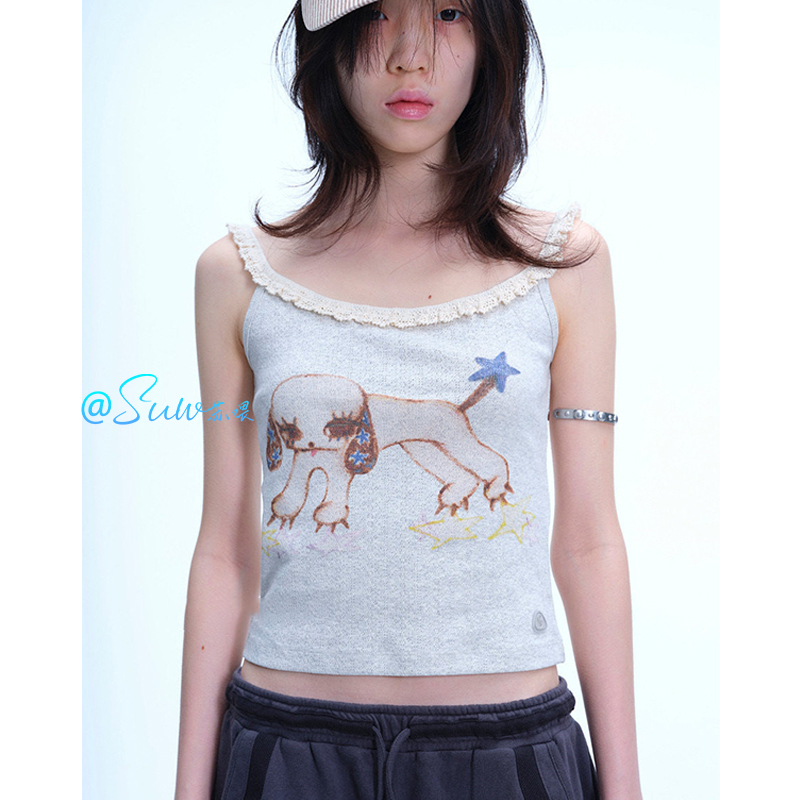 Suw Summer Cute Retro Lamb Print Lace Slimming Versatile Short Camisole Top