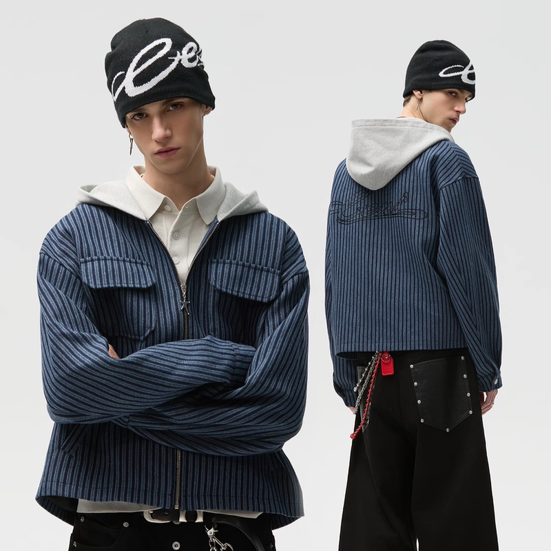 Censmade Wool Blend Versatile Vertical Striped Hooded Zip-Up Sweatshirt Cardigan Boxy Short Wide Fit