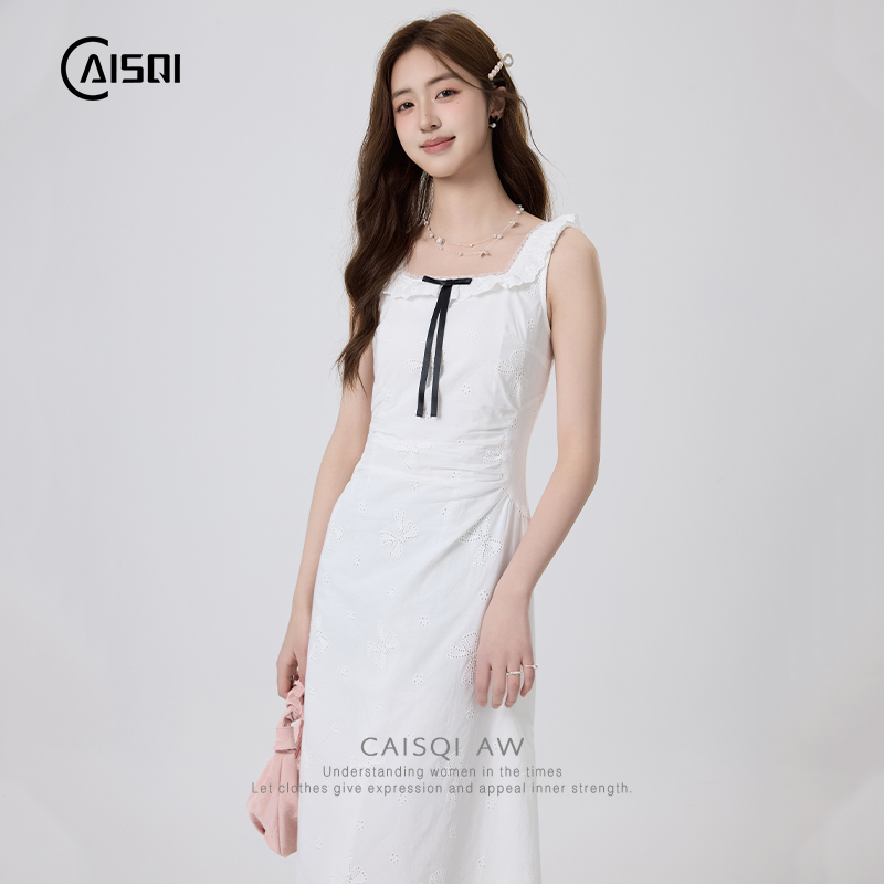 Chai Qishiyi's French-Style First Love White Dress for Women, New Summer Style, Elegant White Tank Dress, Jacquard Hollow-Out Dress