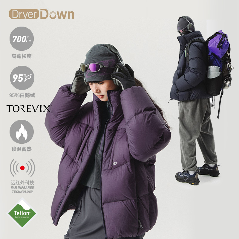 Lanqi Winter Outdoor Four-Pocket 95% White Goose down Purple Puffer Jacket for Women, Three-Proof Loose Stand-Up Collar down Jacket for Men