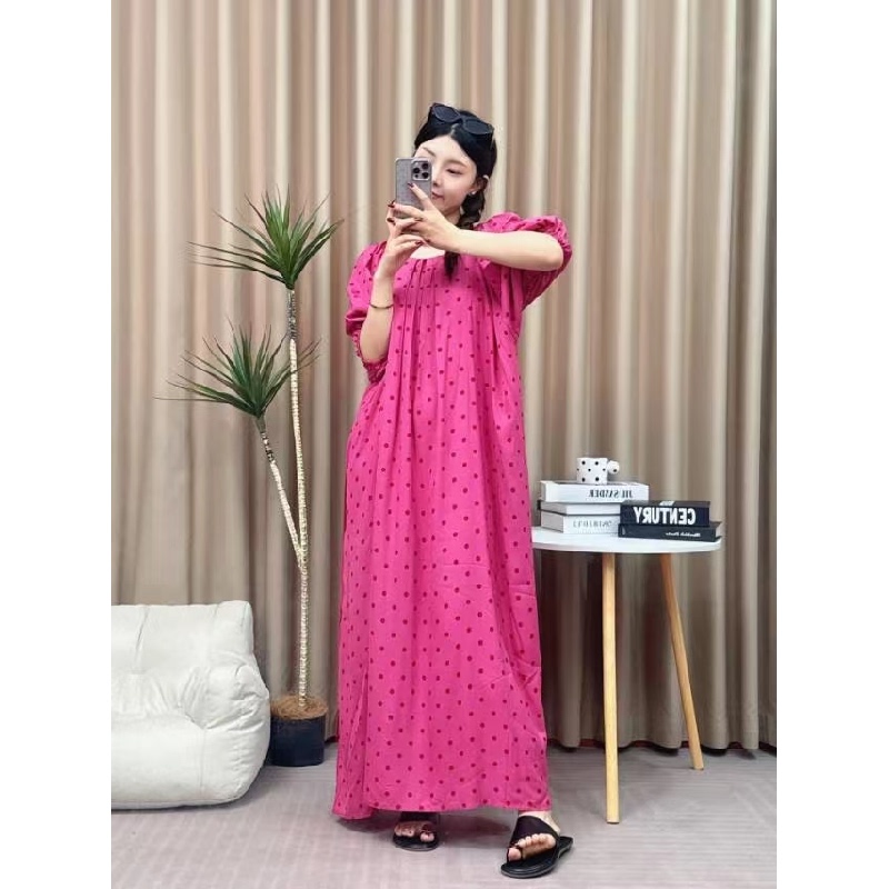 【Back-Tie Polka Dot Long Dress】Long Fashionable Floral Dress with a Stylish Design, Made of Cotton Silk, Loose-Fitting Dress