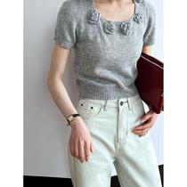 Luxi Korean style sweet age-reducing design three-dimensional crochet round neck sweater for women 2024 spring and summer new style ss383