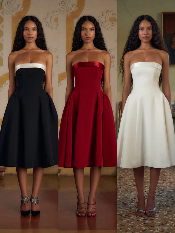 Autumn New French Hepburn Style Color-Blocked Strapless Dress, High-End Light Luxury Birthday Party Dress