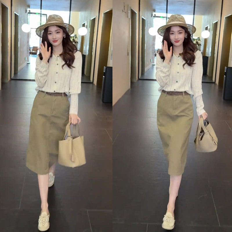 Gorgeous Early Spring Outfit for Women, Fashionable and Stylish Design, Long-Sleeved Knitted Cardigan, High-Waisted Skirt, Two-Piece Set