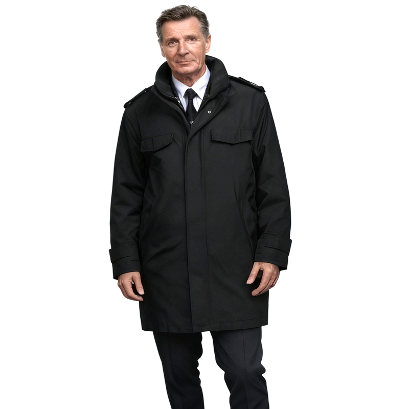 German Military-Style Cotton Jacket, Business Stand-Up Collar, Mid-Length Parka, Men's Winter Waterproof and Warm Cotton Coat, Formal Jacket
