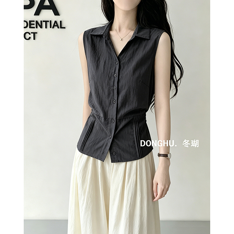 Winter Coral Charcoal Gray French-Style Sleeveless Waist-Cinching Shirt for Women, Summer Slim-Fit Elegant Top with a Sense of Design Winter Coral Charcoal Gray French-Style Sleeveless Waist-Cinching Shirt for Women, Summer Slim-Fit Elegant Top with a Sense of Design