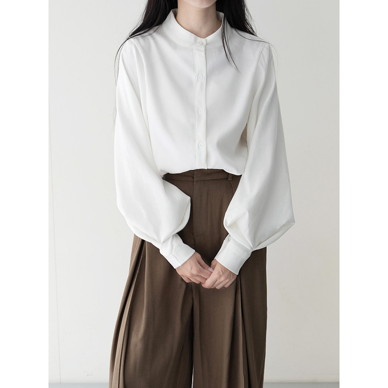 Winter Lantern Sleeve White Shirt for Women, Long-Sleeved Brushed Top, Korean Style Loose Hong Kong Style Stand Collar Puff Sleeve Shirt Winter Lantern Sleeve White Shirt for Women, Long-Sleeved Brushed Top, Korean Style Loose Hong Kong Style Stand Collar Puff Sleeve Shirt