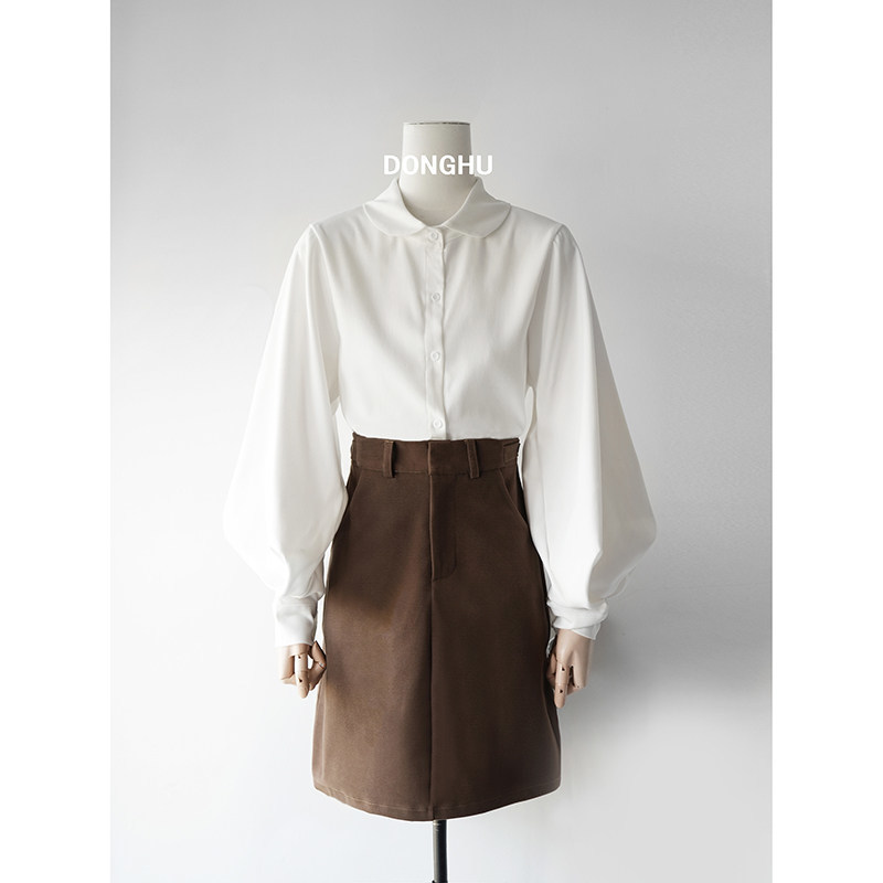 Winter White Shirt with Doll Collar and Lantern Sleeves for Women, Long-Sleeved Brushed Top, Korean Style Loose Stand-Up Collar Puff Sleeve Shirt Winter White Shirt with Doll Collar and Lantern Sleeves for Women, Long-Sleeved Brushed Top, Korean Style Loose Stand-Up Collar Puff Sleeve Shirt