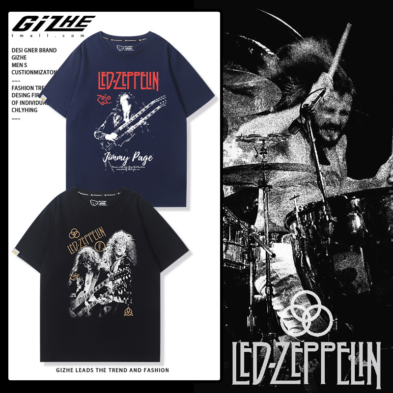 Led Zeppelin Band Merchandise Short-Sleeved T-Shirts for Men and Women, Summer Pure Cotton Retro American Street Style Loose Tops