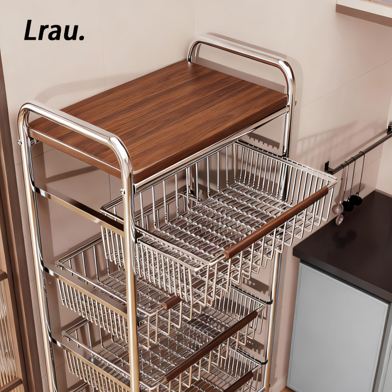 German Mid-Century Style Kitchen Storage Rack, Multi-Layer Fruit and Vegetable Basket, Snack Trolley, Movable Multi-Functional Storage Rack