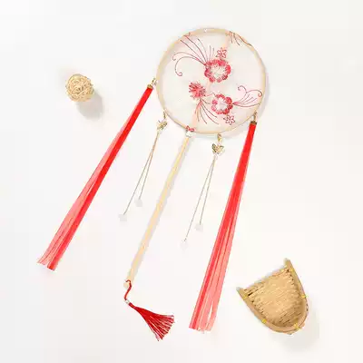 Palm fan children's fan catwalk Hanfu girl group fan Palace fan small embroidery ancient wind long handle dance fan ribbon round fan