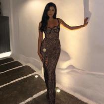 Lace backless suspender slit long dress