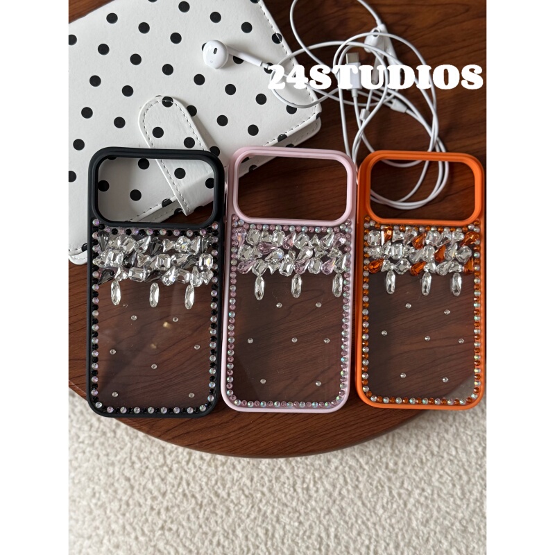 24Studios New Creative Large-Hole Orange Frame Transparent Orange and Silver Rhinestone Diamond Case Suitable for Apple 17 Pro Max Phone Case iPhone 16 New Model 15 Korean Style 14 Anti-Drop Protective Cover