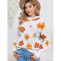 New high-end autumn new knitted threaded pullover sweater for women European and American sweet style flower print warm long sleeves