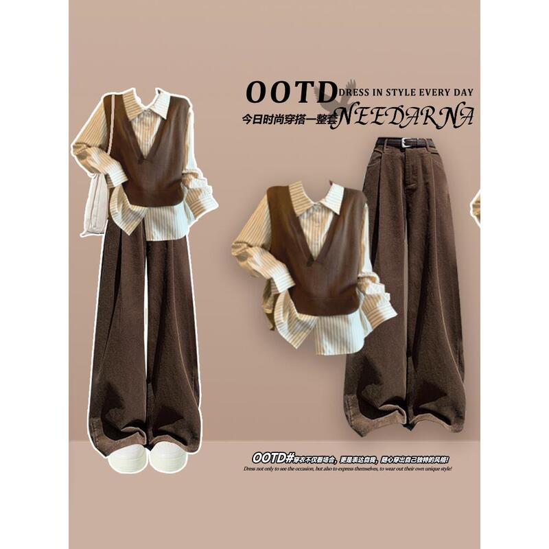 Extra Large Size 150kg Melard Coffee Color Complete Set of Men's and Women's Spring and Autumn Fashion Fake Two-Piece Shirt and Wide-Leg Pants Suit 2