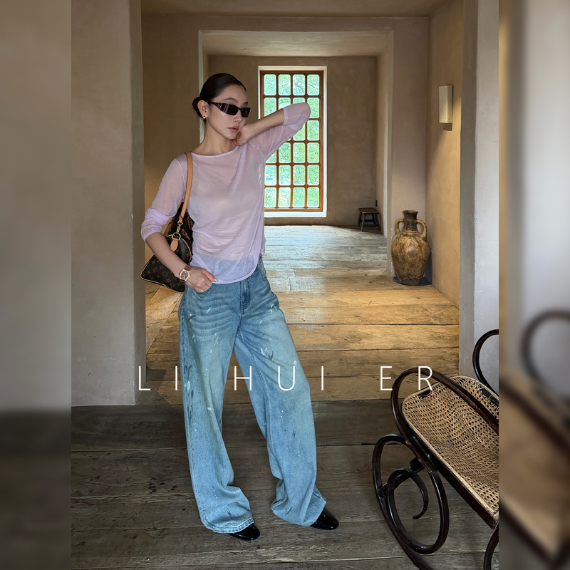 Lihuier [Coastal Sky] Summer Denim Blue Washed Straight Loose Wide-Leg Jeans for Women