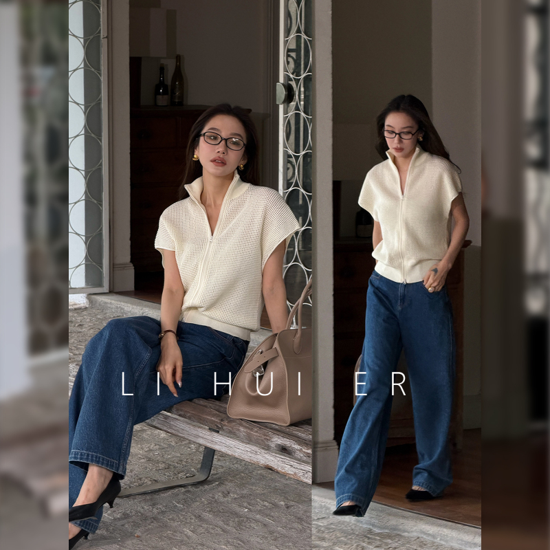 Lihuier [Majorca Extreme Daylight] Summer Stand Collar Knitted Cardigan Minimalist Slimming Top
