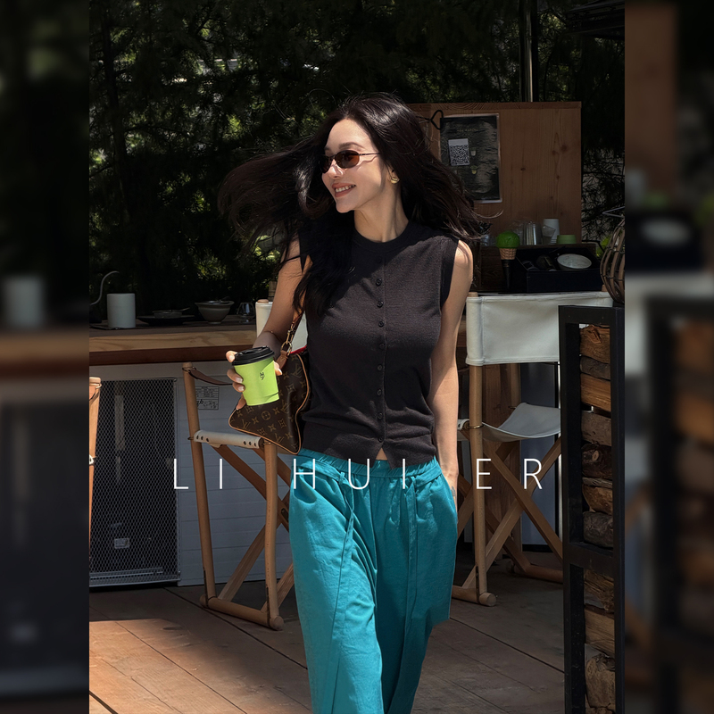 Lihuier [North Ice Cliff] Black Round Neck Sleeveless Wool Knit Cardigan Vest Summer Top