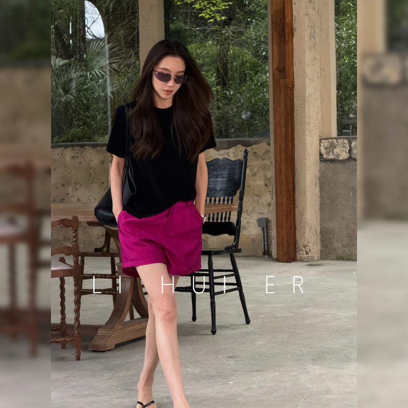 Lihuier [Dragon Fruit] Suit-Style Zipper High-Waisted A-Line Rose Red Casual Shorts for Summer Commuting