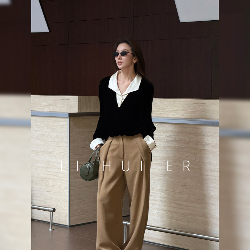 Lihuier [Floating City Evening Light] 100% Mulberry Silk Fake Two-Piece Intelligent Silk Velvet Top for Autumn