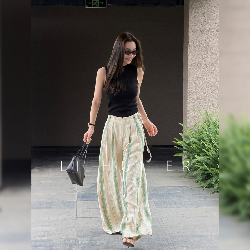 Lihuier [Paper Plane] Summer Wheat Green Linen Striped Natural Waist Loose Wide-Leg Pants for Women