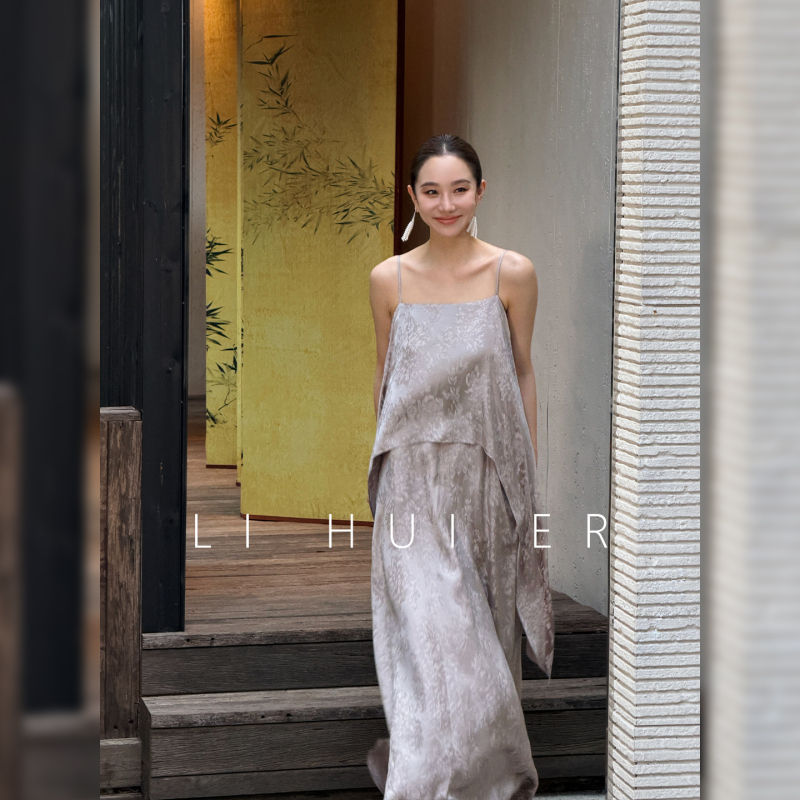 Lihuier [Century of the North] Summer Moon Shadow Gray Draped Jacquard Strapless Sleeveless Slip Dress for Women