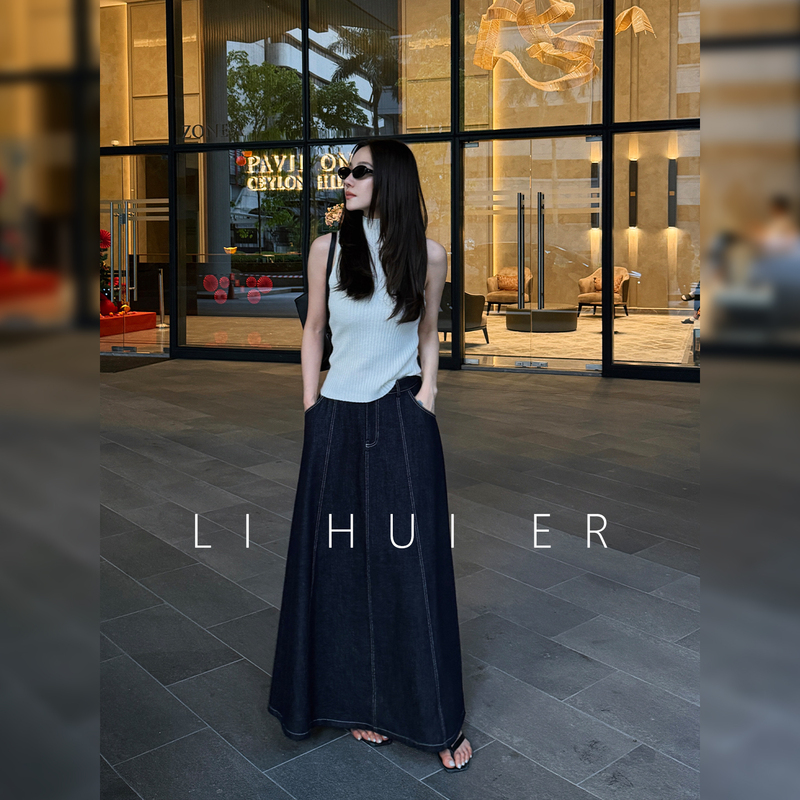Lihuier A-Line Denim Skirt with a Unique Design, Light Luxury, Niche Style, Non-Repetitive Long Skirt