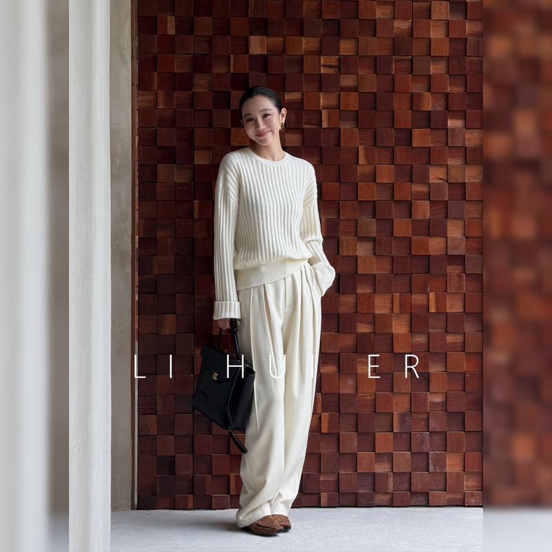 Li Hui Er【Late Arrival】Minimalist White Pleated Design Drapey Casual Versatile Straight-Leg Pants