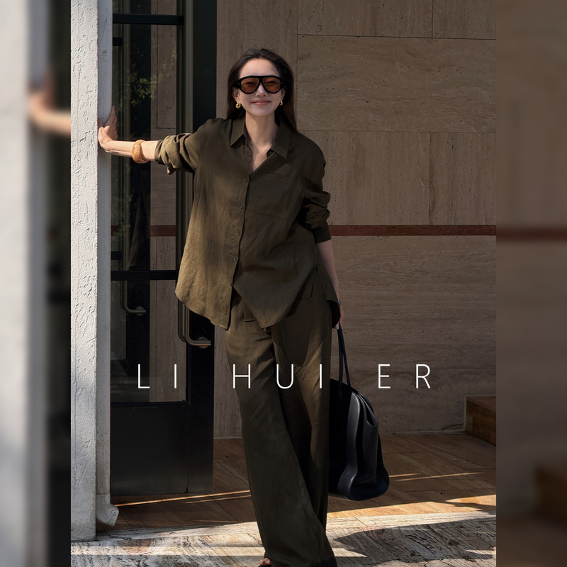 Lihuier Li Hui'Er Summer Green Military Green Thin Linen Shirt Top + Wide-Leg Pants Old Money Style Suit for Women