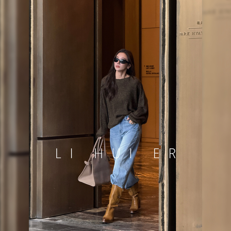 Lihuier Li Hui'Er Man Yin Fruit Autumn Wool Cashmere Lazy Style Batwing Sleeve Multicolor Green Knit Sweater