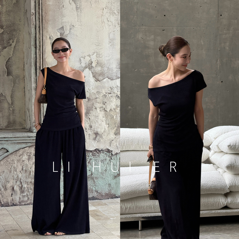 Lihuier [Left Wheel Summer Night] Summer Navy Blue Acetate Fiber Off-Shoulder Short-Sleeve T-Shirt and Pants Set for Women