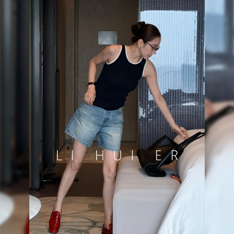 Lihuier Li Hui'Er Xia Ying Summer New American Retro Pure Cotton Straight Distressed Denim Shorts for Women Lihuier Li Hui'Er Xia Ying Summer New American Retro Pure Cotton Straight Distressed Denim Shorts for Women