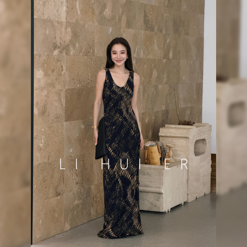 Lihuier [Gabriel Encounter] Summer Black U-Neck Sleeveless Slim Fit High-End Tank Dress for Women
