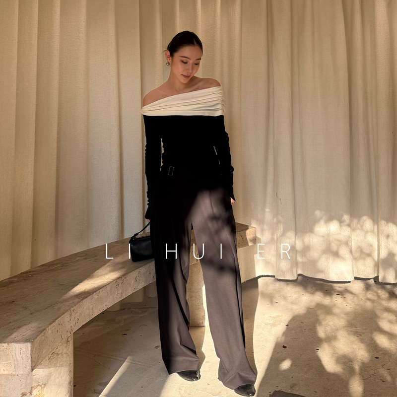 Lihuier Sicilian Holiday Off-Shoulder Sweater Women's Autumn Minimalist Knit Top