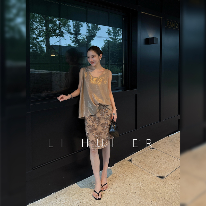 Lihuier Li Hui'Er Summer Style Elegant Tencel Ramie Khaki Casual U-Neck Sleeveless Top