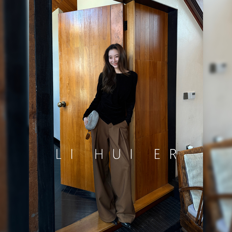 Li Hui Er Li Hui'Er Gu Li Gallery Retro Brown High-End Drapey Pleated Design Straight-Leg Casual Pants