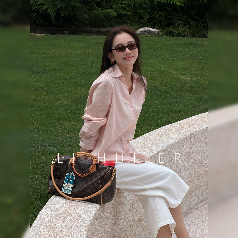 Lihuier [Pink Beach] Summer Light Pink Lyocell Lapel Long Sleeve Loose Thin Shirt for Women