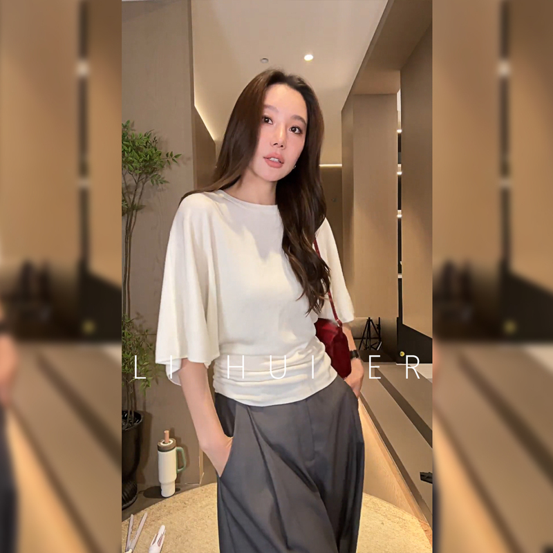 Lihuier Li Hui'Er White Orchid Whisper Lazy and Relaxed Batwing Sleeve Wool Cashmere Short-Sleeve Knit Top Autumn Lihuier Li Hui'Er White Orchid Whisper Lazy and Relaxed Batwing Sleeve Wool Cashmere Short-Sleeve Knit Top Autumn