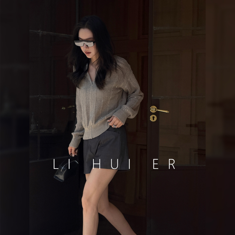 Lihuier [Buvilla] Gray-Brown Hollow-Out Sequin Knit Cardigan, Summer Light Luxury Design Style