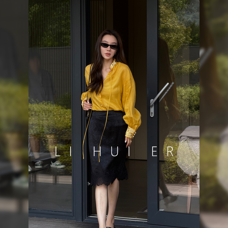 Lihuier Li Hui'Er Bifang Luolan Autumn Tencel Ramie Heavy Beaded Embroidery Tie Yellow Shirt Top