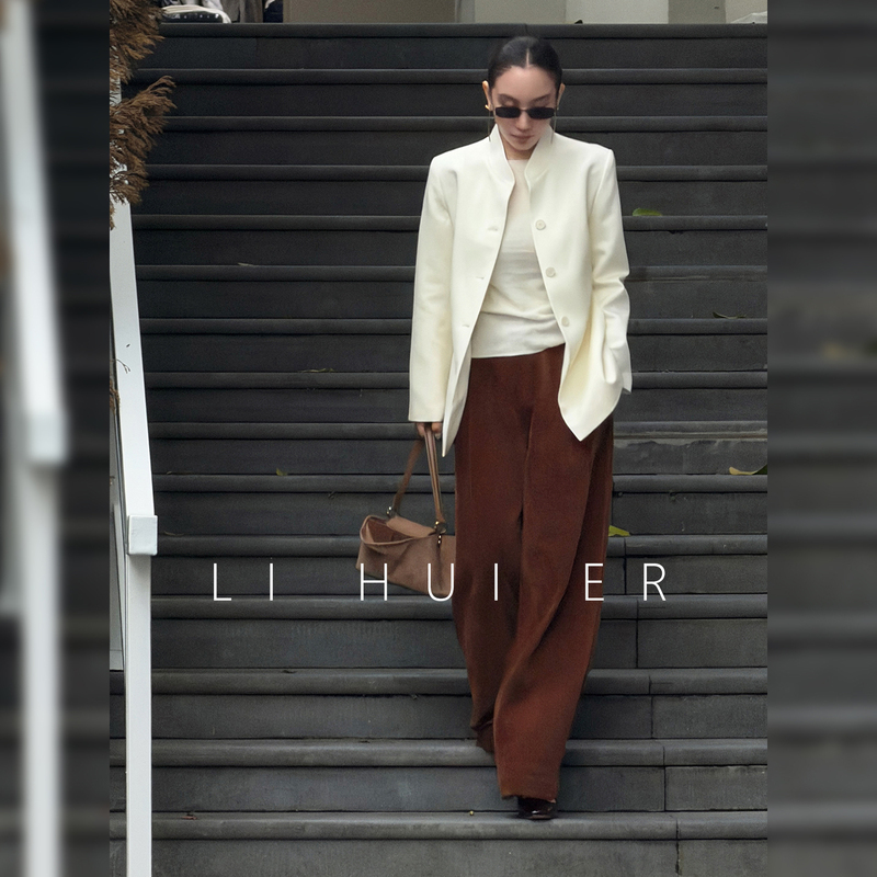 Lihuier [Maple City Chronicles] Retro Fashion Design Patchwork Caramel Brown Casual Wide-Leg Pants