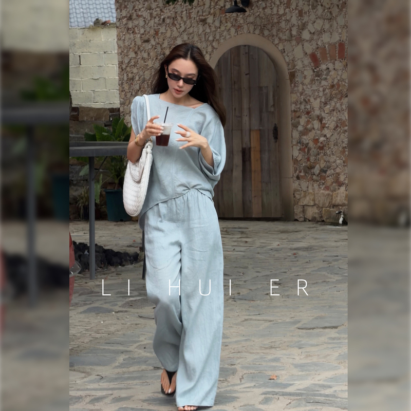 Lihuier [Algerian Sunny Day] 100% Linen Summer Irregular Sky Blue Top Set